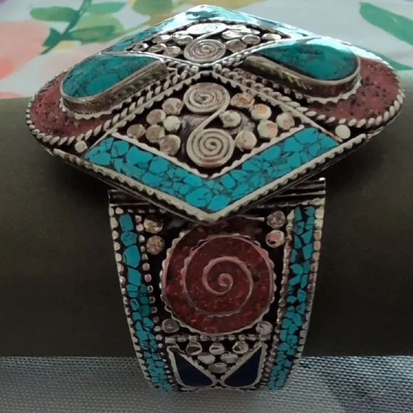 Turquoise and Coral Stone Tibetan Silver Bracelet - Picture 3 of 11